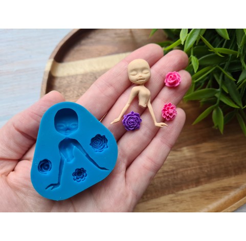 Silicone mold, Doll and flowers, ~ 3.3*3.9 cm, 1-1.3 cm, H:0.8 cm