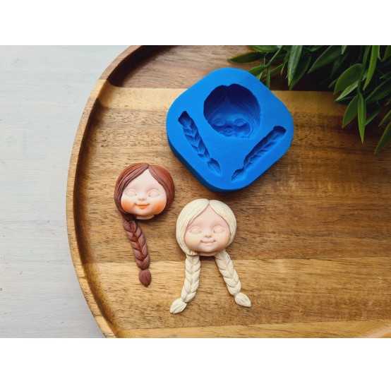 Silicone mold, Doll face, style 52, with hair, 3 elements, ~ 3*3.2 cm, H:1.4 cm