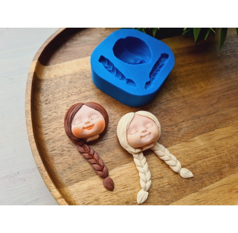 Silicone mold, Doll face, style 52, with hair, 3 elements, ~ 3*3.2 cm, H:1.4 cm