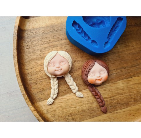Silicone mold, Doll face, style 52, with hair, 3 elements, ~ 3*3.2 cm, H:1.4 cm