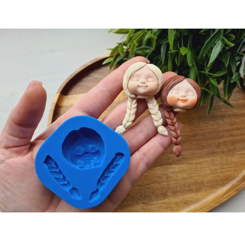 Silicone mold, Doll face, style 52, with hair, 3 elements, ~ 3*3.2 cm, H:1.4 cm