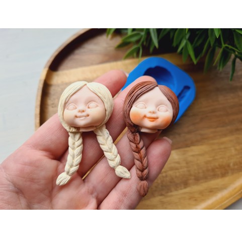 Silicone mold, Doll face, style 52, with hair, 3 elements, ~ 3*3.2 cm, H:1.4 cm