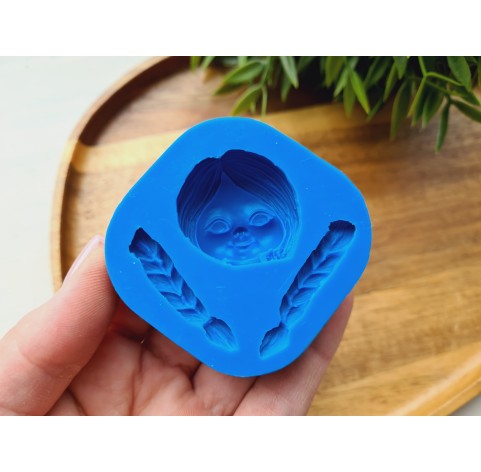 Silicone mold, Doll face, style 52, with hair, 3 elements, ~ 3*3.2 cm, H:1.4 cm