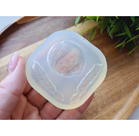 Silicone mold, Doll face, style 52, with hair, 3 elements, ~ 3*3.2 cm, H:1.4 cm