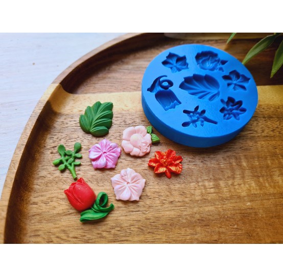 Silicone mold, Set of leaves and flowers, style 1, 6 elements, ~ 1.2-2 cm, H:0.2-0.6 cm