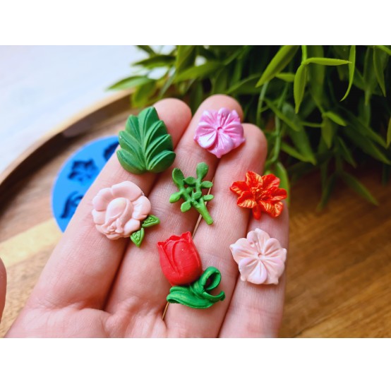 Silicone mold, Set of leaves and flowers, style 1, 6 elements, ~ 1.2-2 cm, H:0.2-0.6 cm