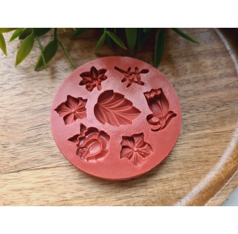 Silicone mold, Set of leaves and flowers, style 1, 6 elements, ~ 1.2-2 cm, H:0.2-0.6 cm