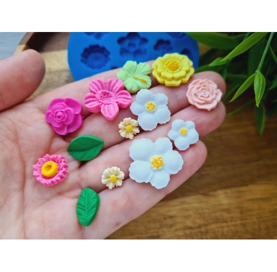 Silicone mold, Set of leaves and flowers, style 2, 13 elements, ~ 0.8-2 cm, H:0.2-0.6 cm