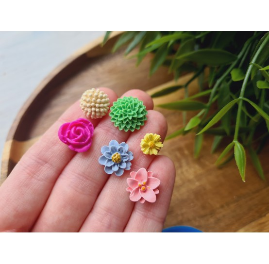 Silicone mold, Set of flowers, style 3, 6 elements, ~ 0.8-1.4 cm, H:0.2-0.6 cm