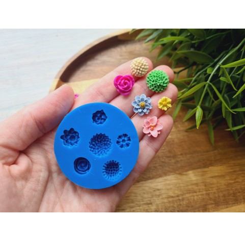 Silicone mold, Set of flowers, style 3, 6 elements, ~ 0.8-1.4 cm, H:0.2-0.6 cm