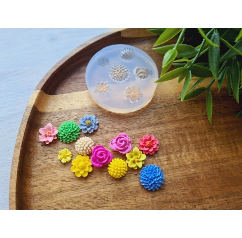 Silicone mold, Set of flowers, style 3, 6 elements, ~ 0.8-1.4 cm, H:0.2-0.6 cm