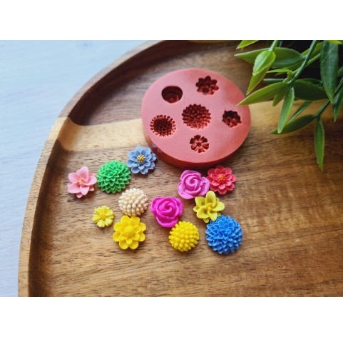 Silicone mold, Set of flowers, style 3, 6 elements, ~ 0.8-1.4 cm, H:0.2-0.6 cm