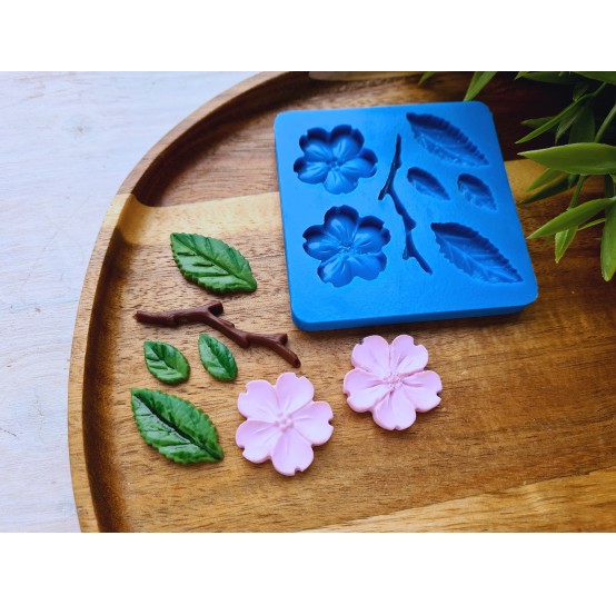 Silicone mold, Sakura branch, flowers, leaves, style 1, ~ 0.9-4.8 cm, H:0.3-0.4 cm