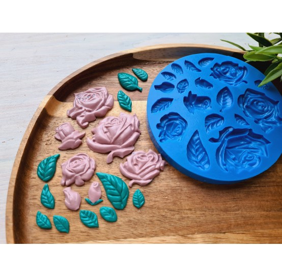 Silicone mold, Rose, style 2, with leaves, 18 elements, ~ 0.7-4.1 cm, H:0.2-0.7 cm