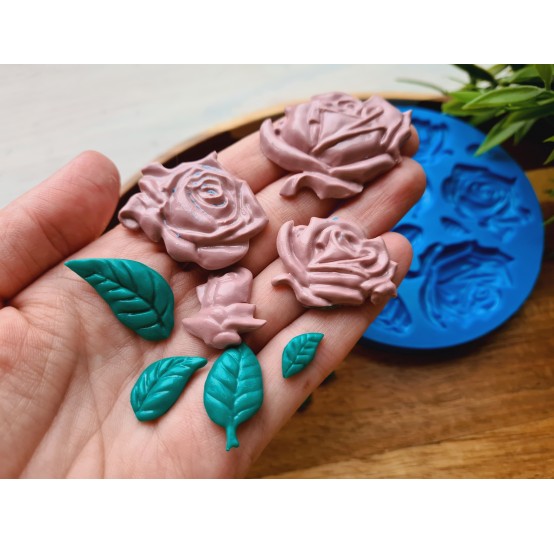 Silicone mold, Rose, style 2, with leaves, 18 elements, ~ 0.7-4.1 cm, H:0.2-0.7 cm