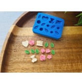 Silicone mold, Rose, style 9, with leaf, 14 elements, ~ 0.4-0.9 cm, H:0.1-0.4 cm