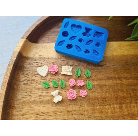 Silicone mold, Rose, style 9, with leaf, 14 elements, ~ 0.4-0.9 cm, H:0.1-0.4 cm