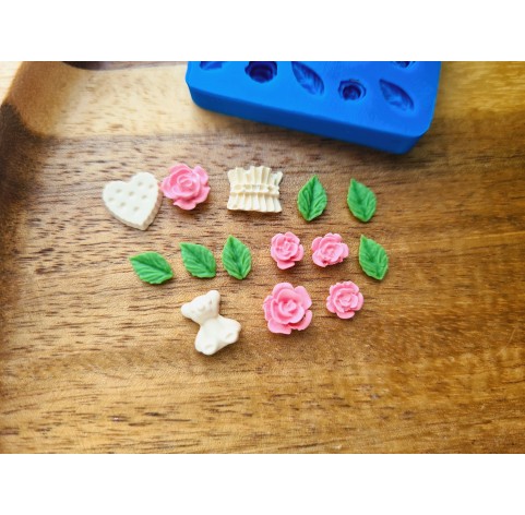 Silicone mold, Rose, style 9, with leaf, 14 elements, ~ 0.4-0.9 cm, H:0.1-0.4 cm