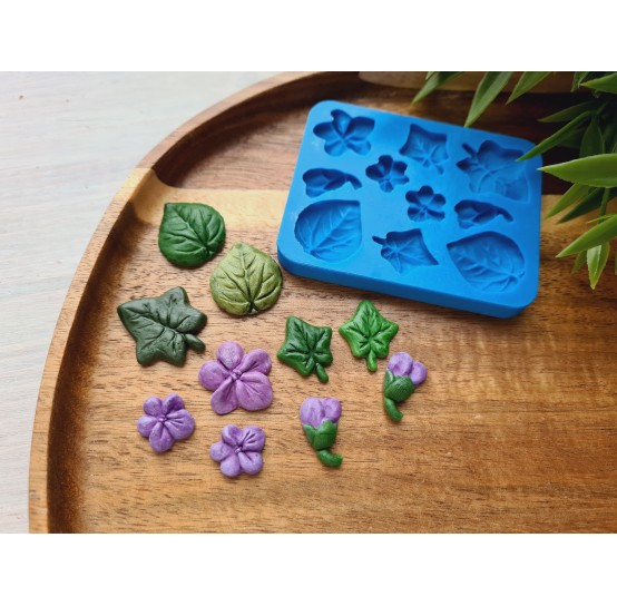 Silicone mold, Set of leaves and flowers, style 4, 10 elements, ~ 0.9-2.5 cm, H:0.3-0.4 cm