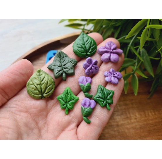 Silicone mold, Set of leaves and flowers, style 4, 10 elements, ~ 0.9-2.5 cm, H:0.3-0.4 cm