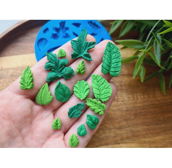 Silicone mold, Leaf, style 3, set, 16 elements, ~ 0.5-2.6 cm, H:0.2-0.4 cm