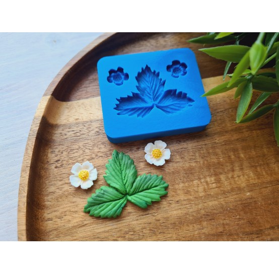 Silicone mold, Strawberry leaf and two flowers, ~ 3*4.1 cm, ~ Ø 1.2 cm, H:0.4 cm