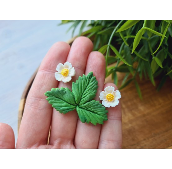 Silicone mold, Strawberry leaf and two flowers, ~ 3*4.1 cm, ~ Ø 1.2 cm, H:0.4 cm