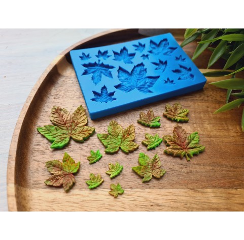 Silicone mold, Maple leaf, style 2, 12 elements, ~ 0.7-3.2 cm, H:0.1-0.2 cm