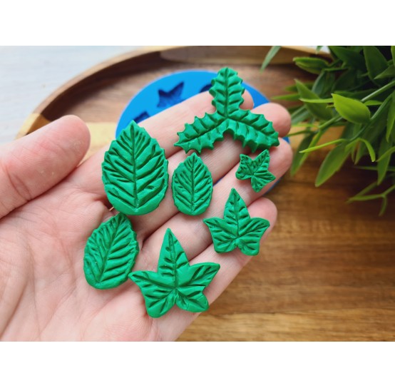 Silicone mold, Leaf, style 8, set, 7 elements, ~ 1.3-3.4 cm, H:0.3-0.4 cm