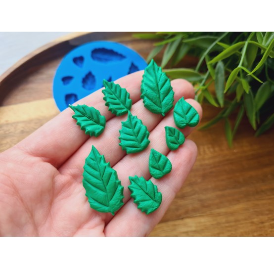 Silicone mold, Leaf, style 9, set, 9 elements, ~ 0.8-2.9 cm, H:0.3-0.4 cm