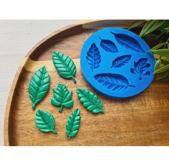 Silicone mold, Leaf, style 10, set, 6 elements, ~ 1.2-4.7 cm, H:0.4-0.5 cm