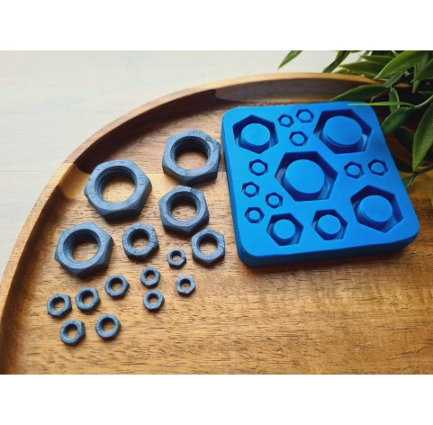Silicone mold, Metal nuts, 15 elements, ~ 0.6-2.3 cm, H:0.2-0.7 cm