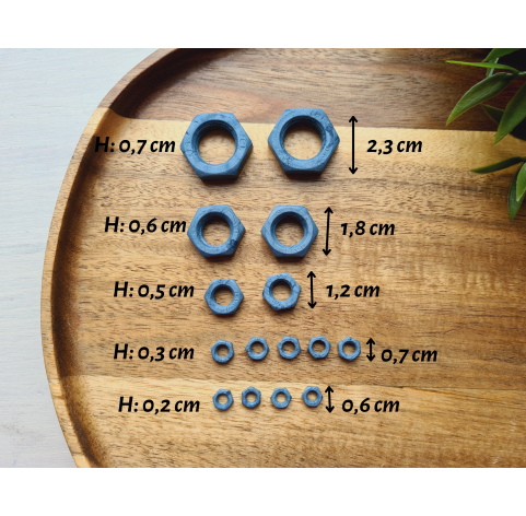 Silicone mold, Metal nuts, 15 elements, ~ 0.6-2.3 cm, H:0.2-0.7 cm