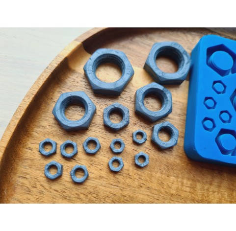 Silicone mold, Metal nuts, 15 elements, ~ 0.6-2.3 cm, H:0.2-0.7 cm