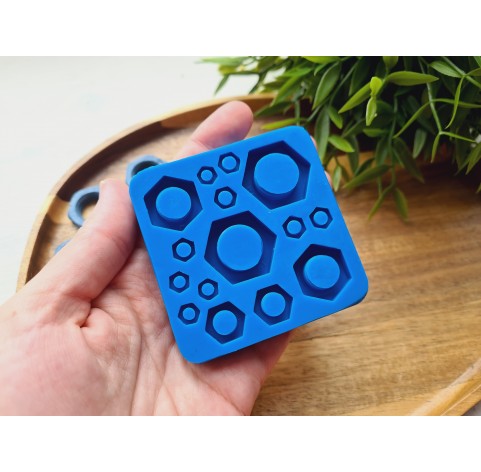 Silicone mold, Metal nuts, 15 elements, ~ 0.6-2.3 cm, H:0.2-0.7 cm