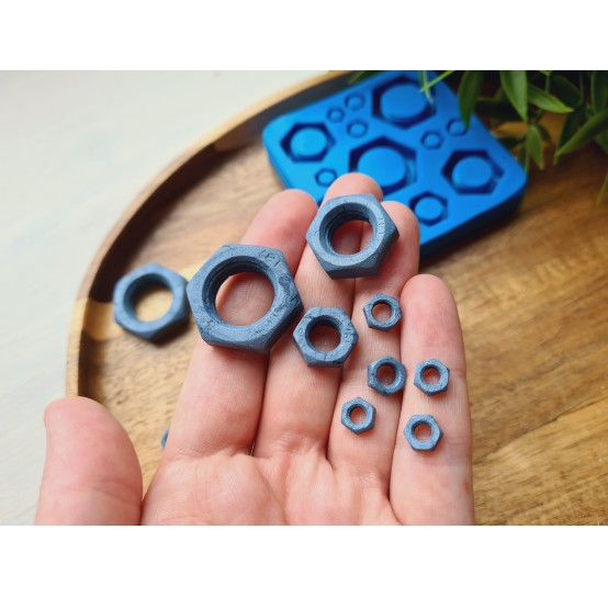 Silicone mold, Metal nuts, 15 elements, ~ 0.6-2.3 cm, H:0.2-0.7 cm
