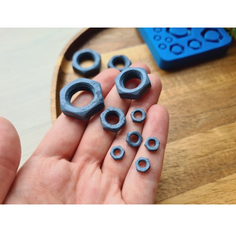 Silicone mold, Metal nuts, 15 elements, ~ 0.6-2.3 cm, H:0.2-0.7 cm