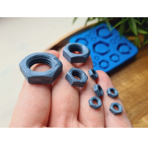 Silicone mold, Metal nuts, 15 elements, ~ 0.6-2.3 cm, H:0.2-0.7 cm