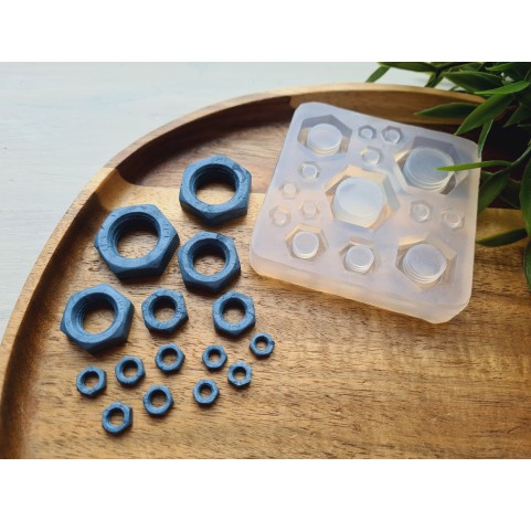 Silicone mold, Metal nuts, 15 elements, ~ 0.6-2.3 cm, H:0.2-0.7 cm