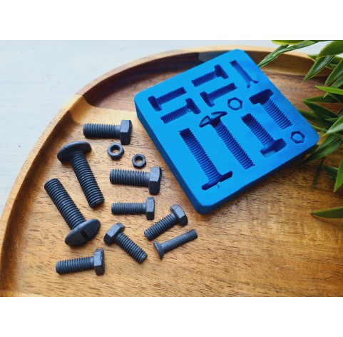Silicone mold, Screw and bolt, style 2, 11 elements, ~ 0.5-3.4 cm, H:0.2-1 cm
