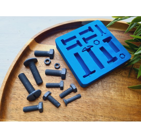 Silicone mold, Screw and bolt, style 2, 11 elements, ~ 0.5-3.4 cm, H:0.2-1 cm
