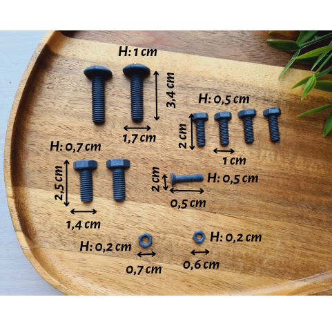 Silicone mold, Screw and bolt, style 2, 11 elements, ~ 0.5-3.4 cm, H:0.2-1 cm