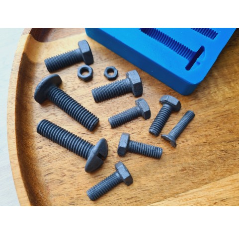 Silicone mold, Screw and bolt, style 2, 11 elements, ~ 0.5-3.4 cm, H:0.2-1 cm