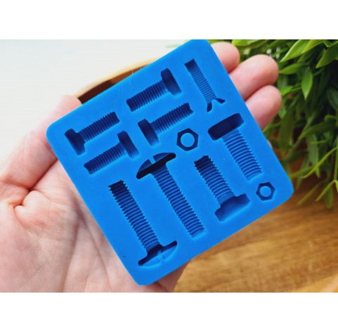 Silicone mold, Screw and bolt, style 2, 11 elements, ~ 0.5-3.4 cm, H:0.2-1 cm