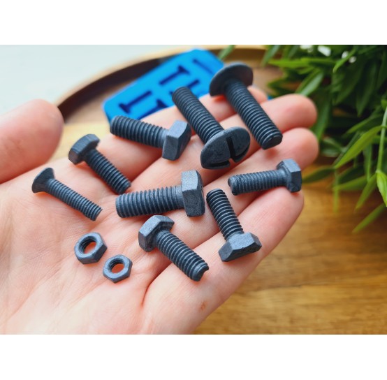 Silicone mold, Screw and bolt, style 2, 11 elements, ~ 0.5-3.4 cm, H:0.2-1 cm