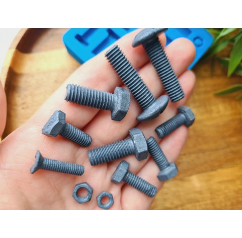 Silicone mold, Screw and bolt, style 2, 11 elements, ~ 0.5-3.4 cm, H:0.2-1 cm