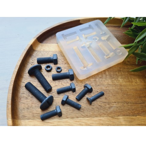 Silicone mold, Screw and bolt, style 2, 11 elements, ~ 0.5-3.4 cm, H:0.2-1 cm