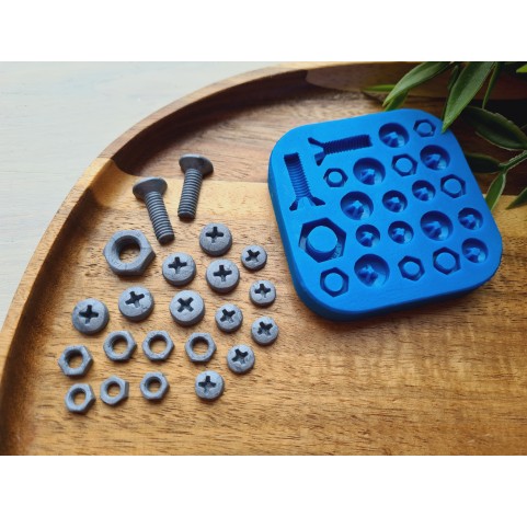 Silicone mold, Screw and bolt, style 3, 22 elements, ~ 0.6-2 cm, H:0.3-0.7 cm