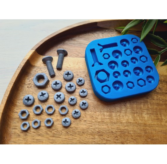 Silicone mold, Screw and bolt, style 3, 22 elements, ~ 0.6-2 cm, H:0.3-0.7 cm