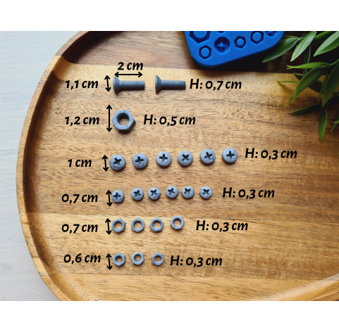 Silicone mold, Screw and bolt, style 3, 22 elements, ~ 0.6-2 cm, H:0.3-0.7 cm